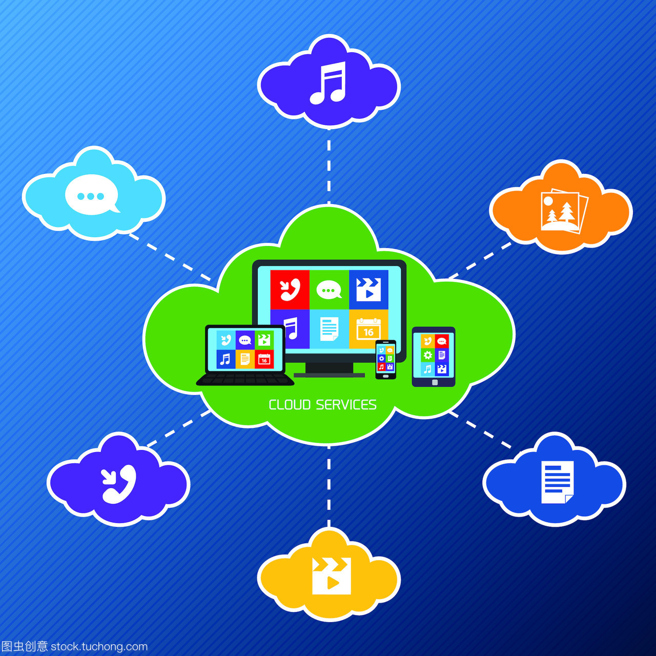 移动电话服务网络概念与平云技术应用程序图标组向量插图在电脑动画设计中的应用